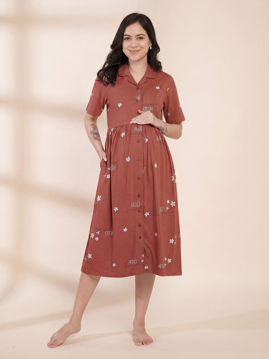 Rust Printed Hosiery Padded Maternity Nighty