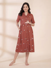Rust Printed Hosiery Padded Maternity Nighty