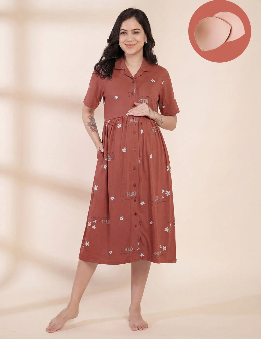 Rust Printed Hosiery Padded Maternity Nighty