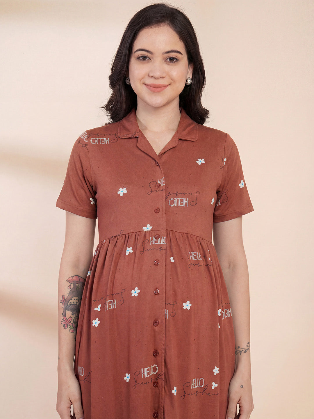 Rust Printed Hosiery Padded Maternity Nighty