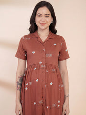 Rust Printed Hosiery Padded Maternity Nighty