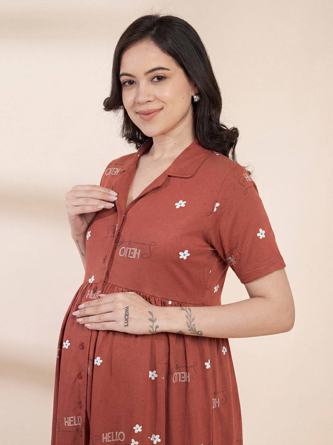 Rust Printed Hosiery Padded Maternity Nighty