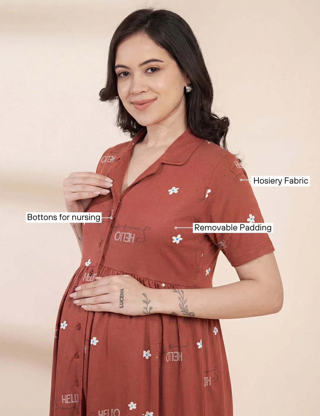 Rust Printed Hosiery Padded Maternity Nighty