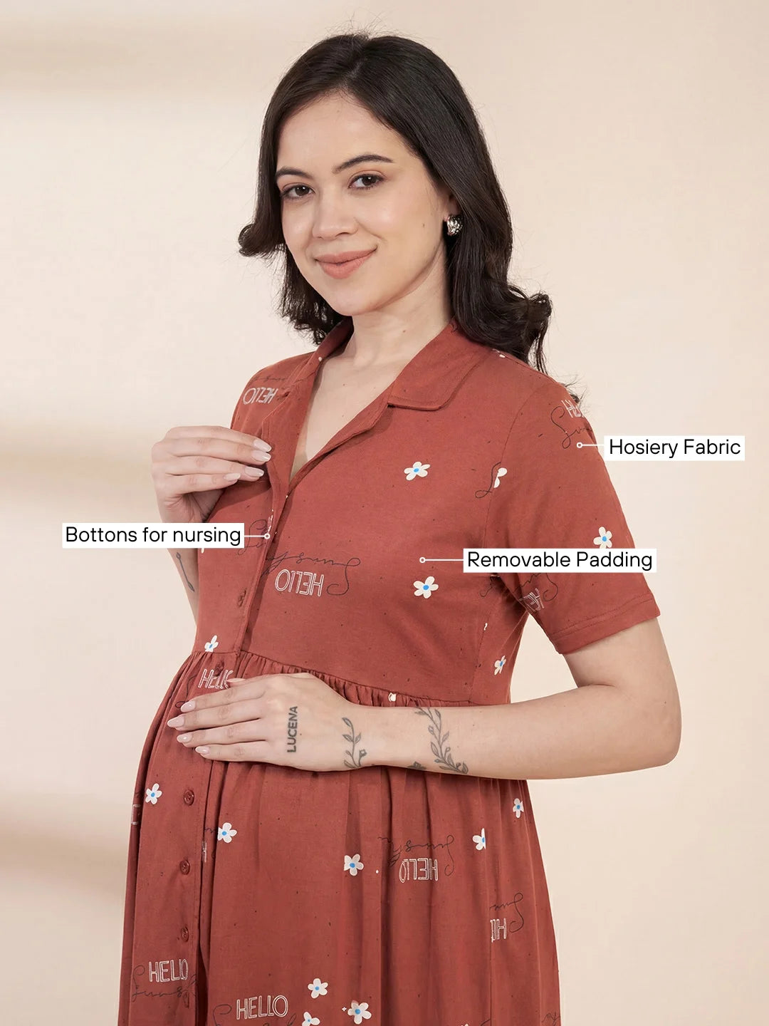 Rust Printed Hosiery Padded Maternity Nighty