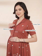 Rust Printed Hosiery Padded Maternity Nighty