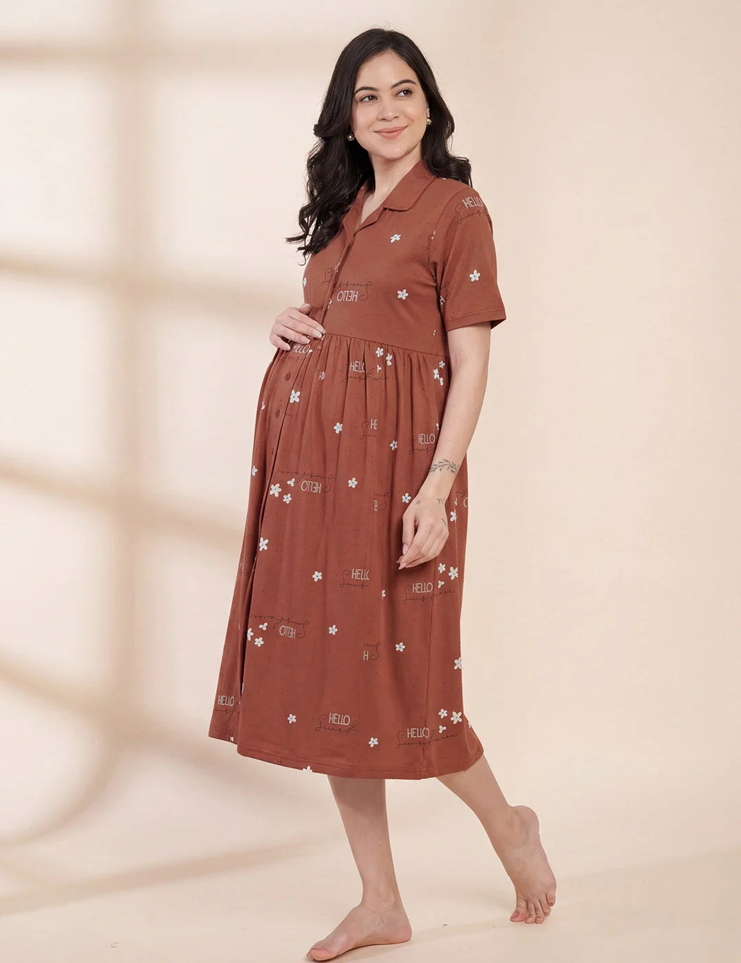 Rust Printed Hosiery Padded Maternity Nighty