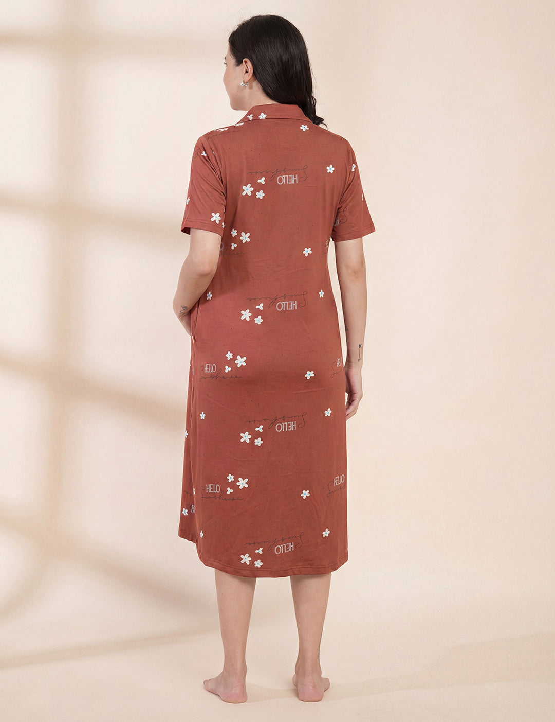 Rust Printed Hosiery Padded Maternity Nighty