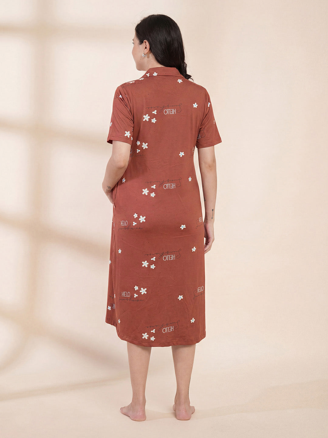 Rust Printed Hosiery Padded Maternity Nighty