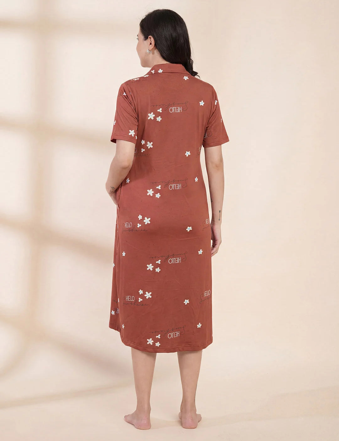 Rust Printed Hosiery Padded Maternity Nighty