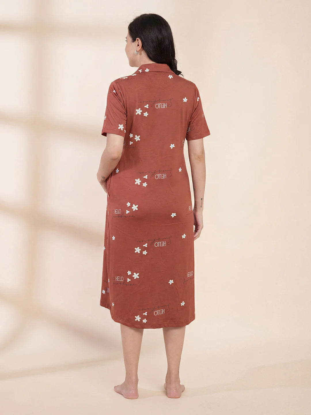 Rust Printed Hosiery Padded Maternity Nighty