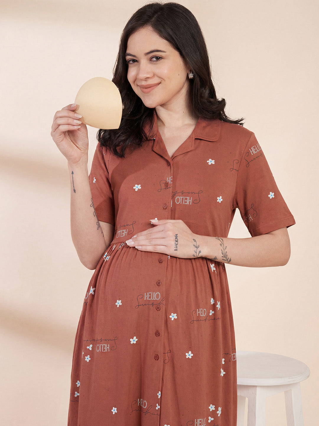 Rust Printed Hosiery Padded Maternity Nighty