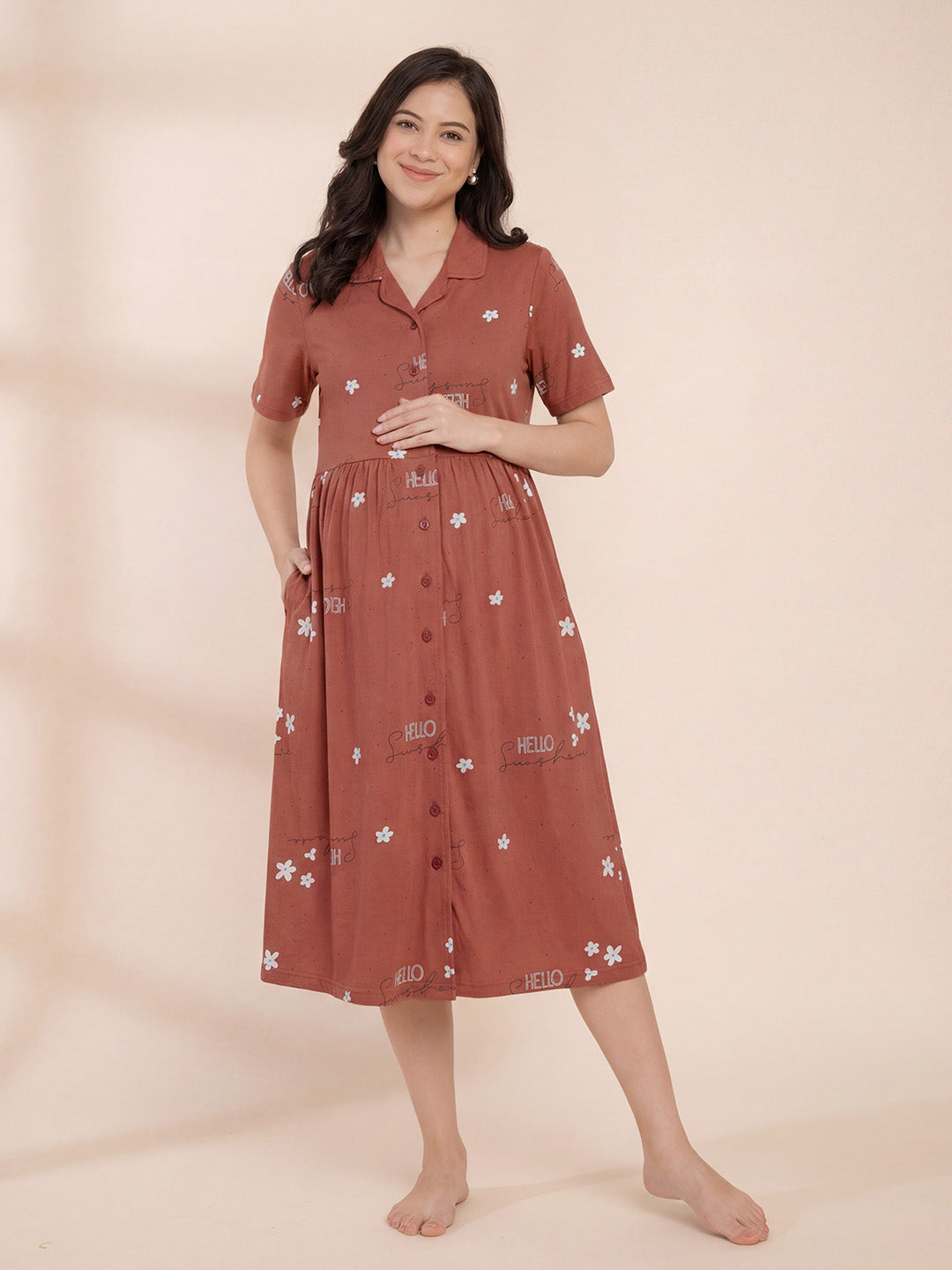 Rust Printed Hosiery Padded Maternity Nighty