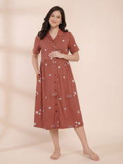 Rust Printed Hosiery Padded Maternity Nighty