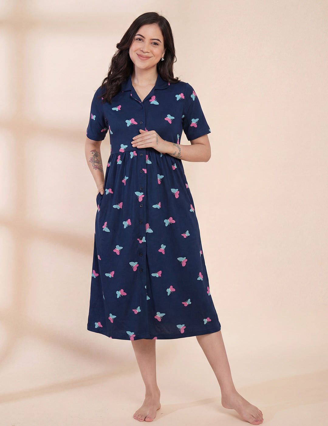 Blue Printed Hosiery Padded Maternity Nighty