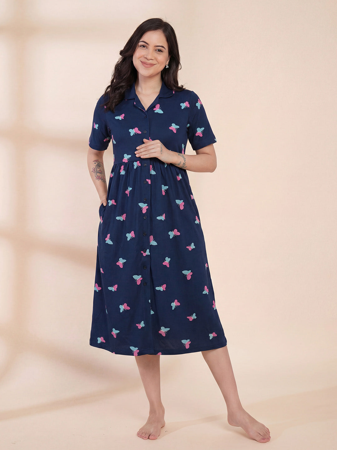 Blue Printed Hosiery Padded Maternity Nighty