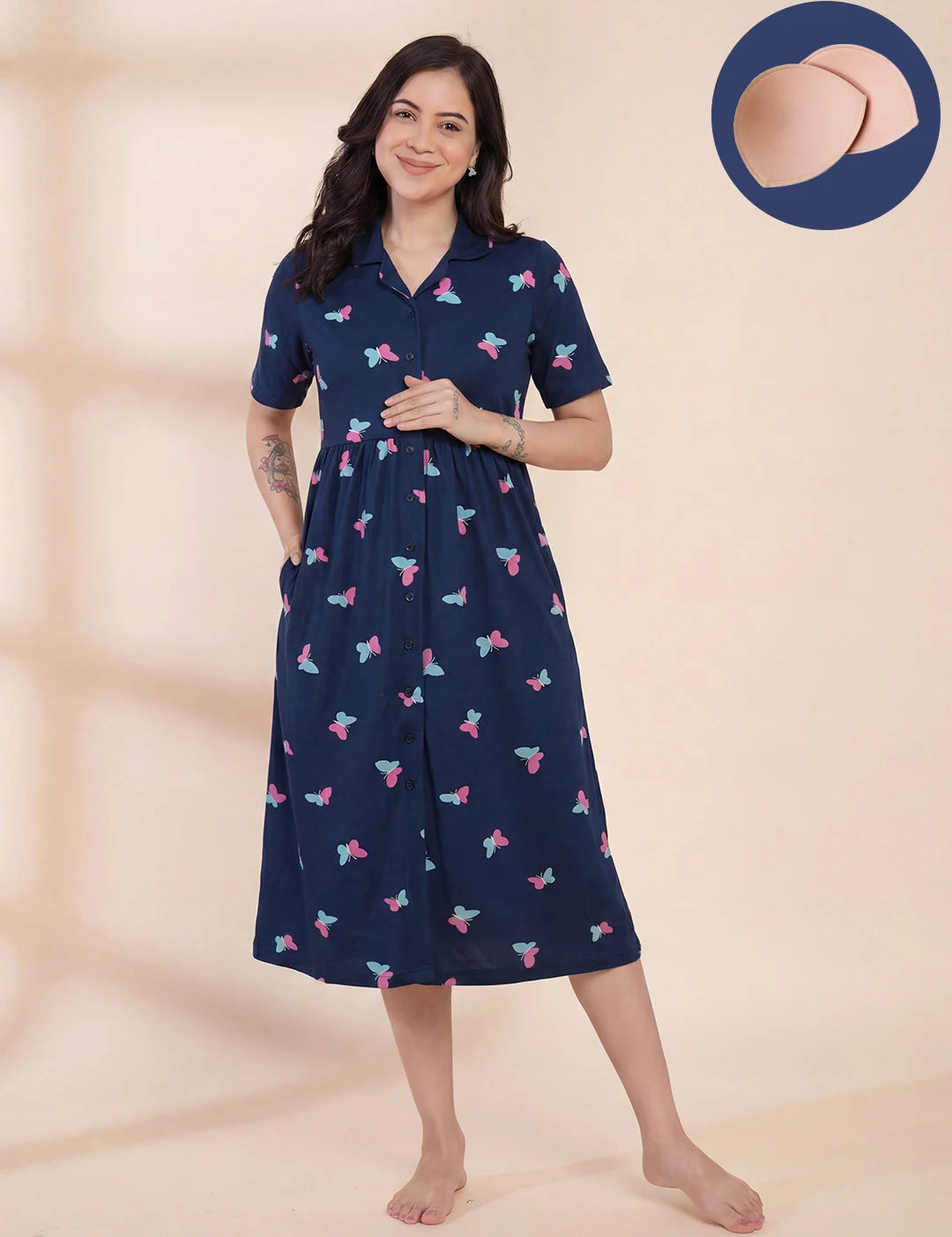 Blue Printed Hosiery Padded Maternity Nighty