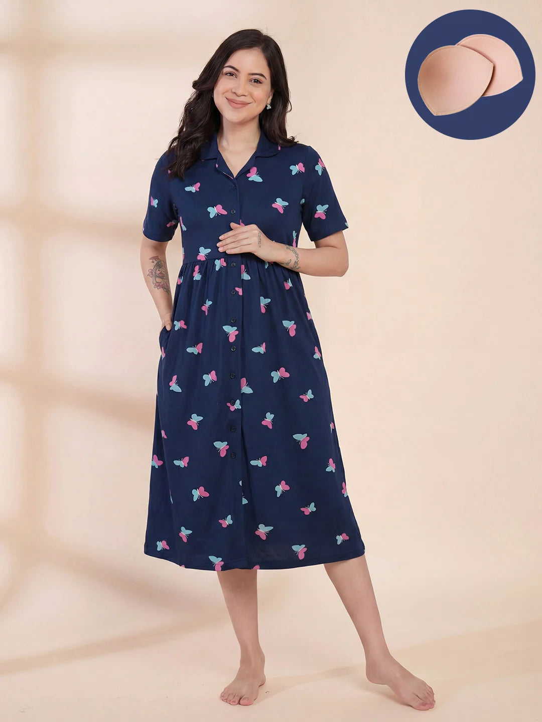 Blue Printed Hosiery Padded Maternity Nighty