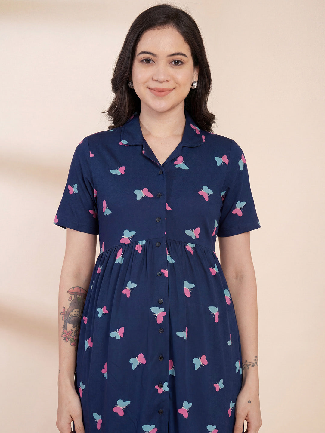 Blue Printed Hosiery Padded Maternity Nighty