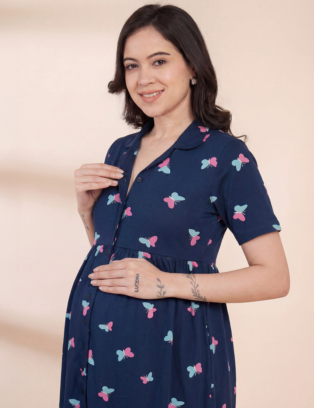 Blue Printed Hosiery Padded Maternity Nighty