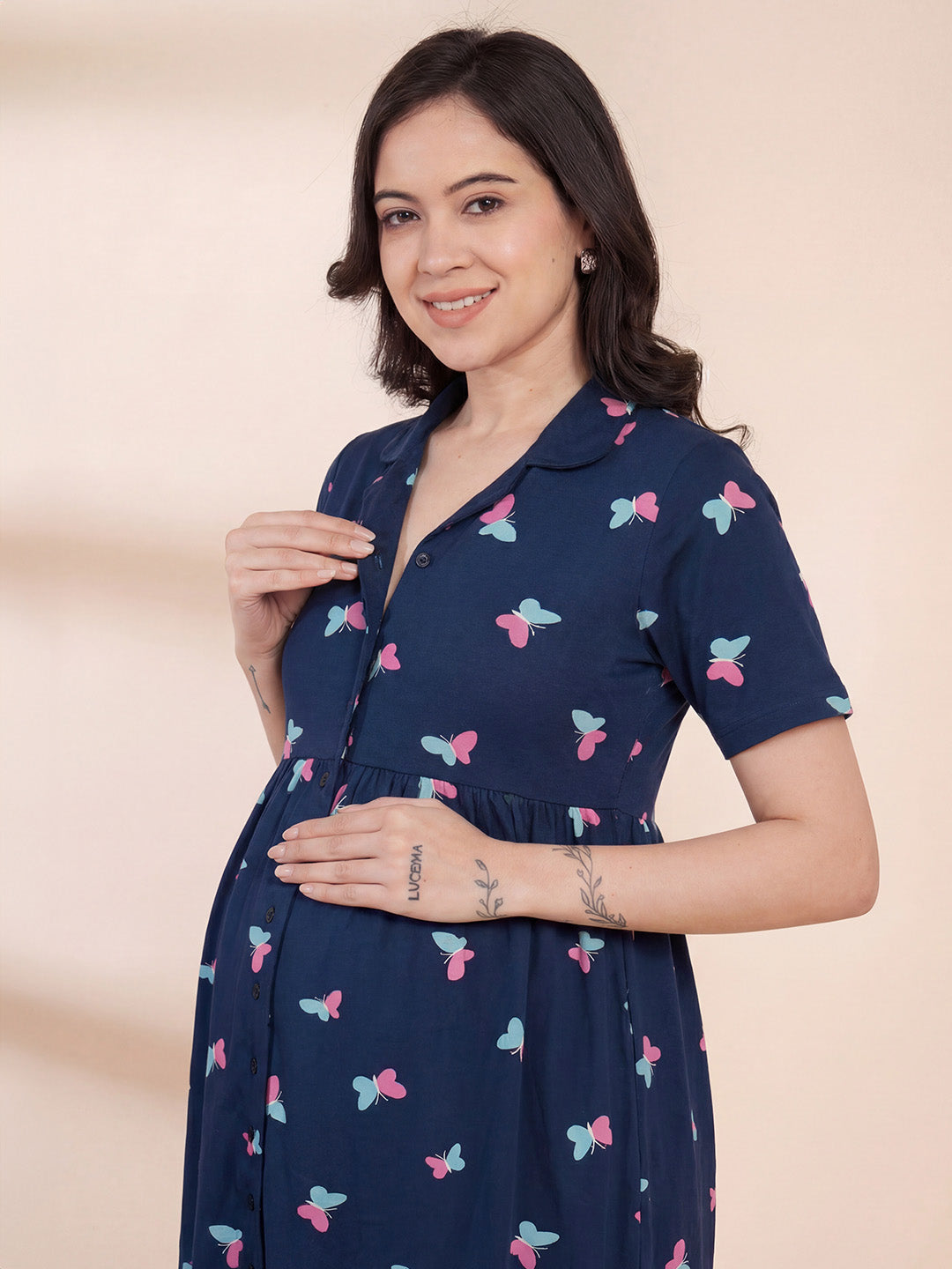 Blue Printed Hosiery Padded Maternity Nighty