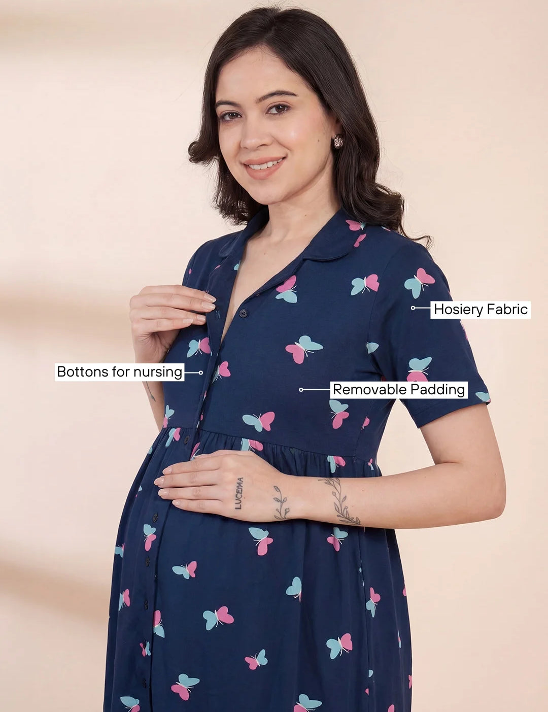 Blue Printed Hosiery Padded Maternity Nighty