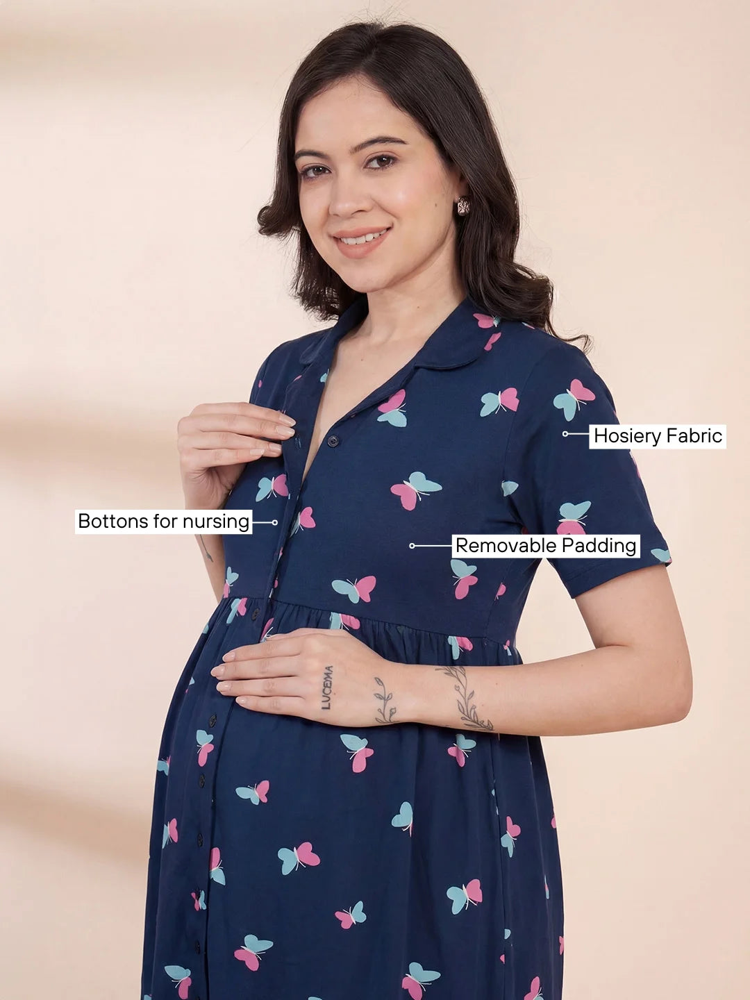 Blue Printed Hosiery Padded Maternity Nighty