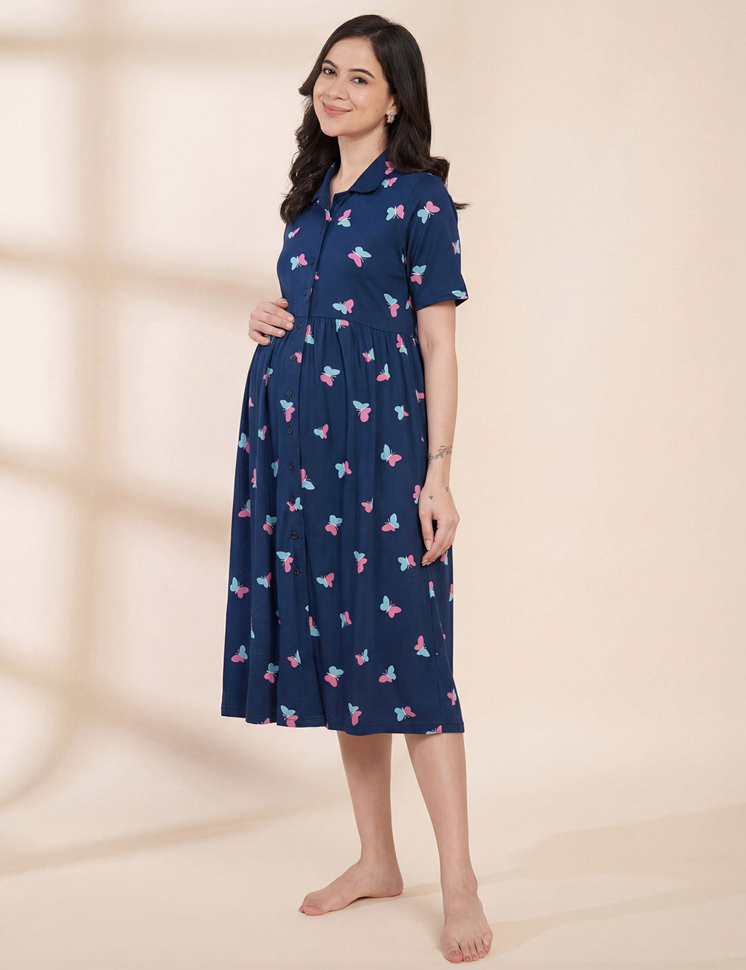 Blue Printed Hosiery Padded Maternity Nighty