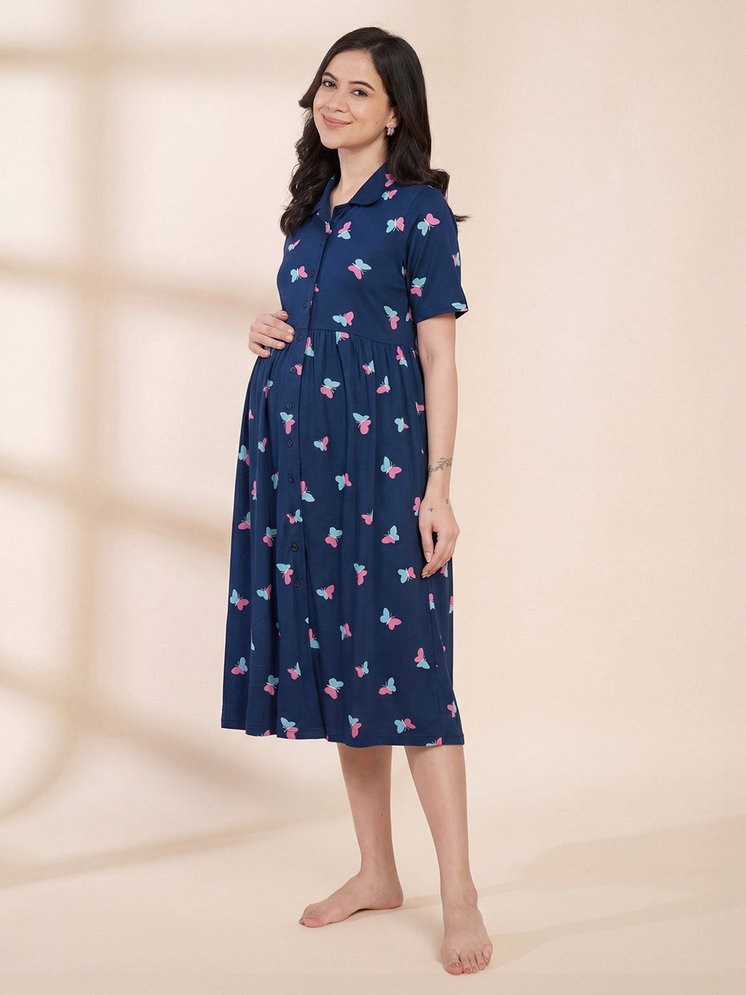 Blue Printed Hosiery Padded Maternity Nighty