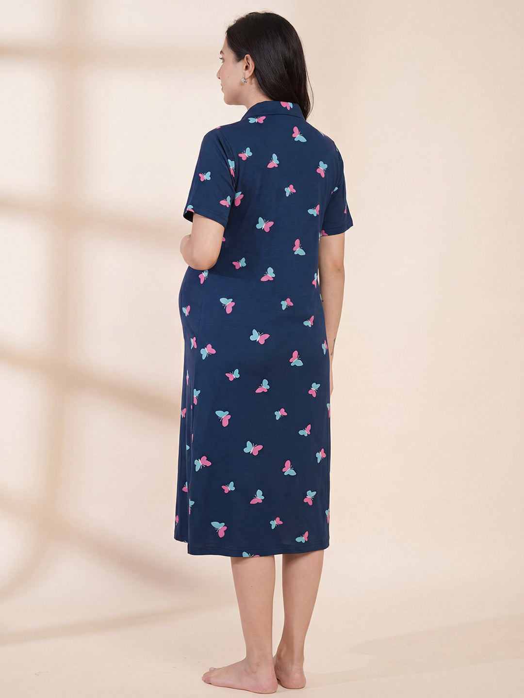 Blue Printed Hosiery Padded Maternity Nighty