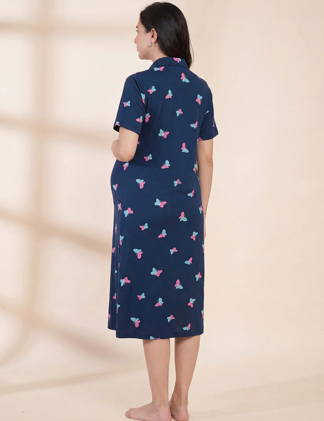 Blue Printed Hosiery Padded Maternity Nighty