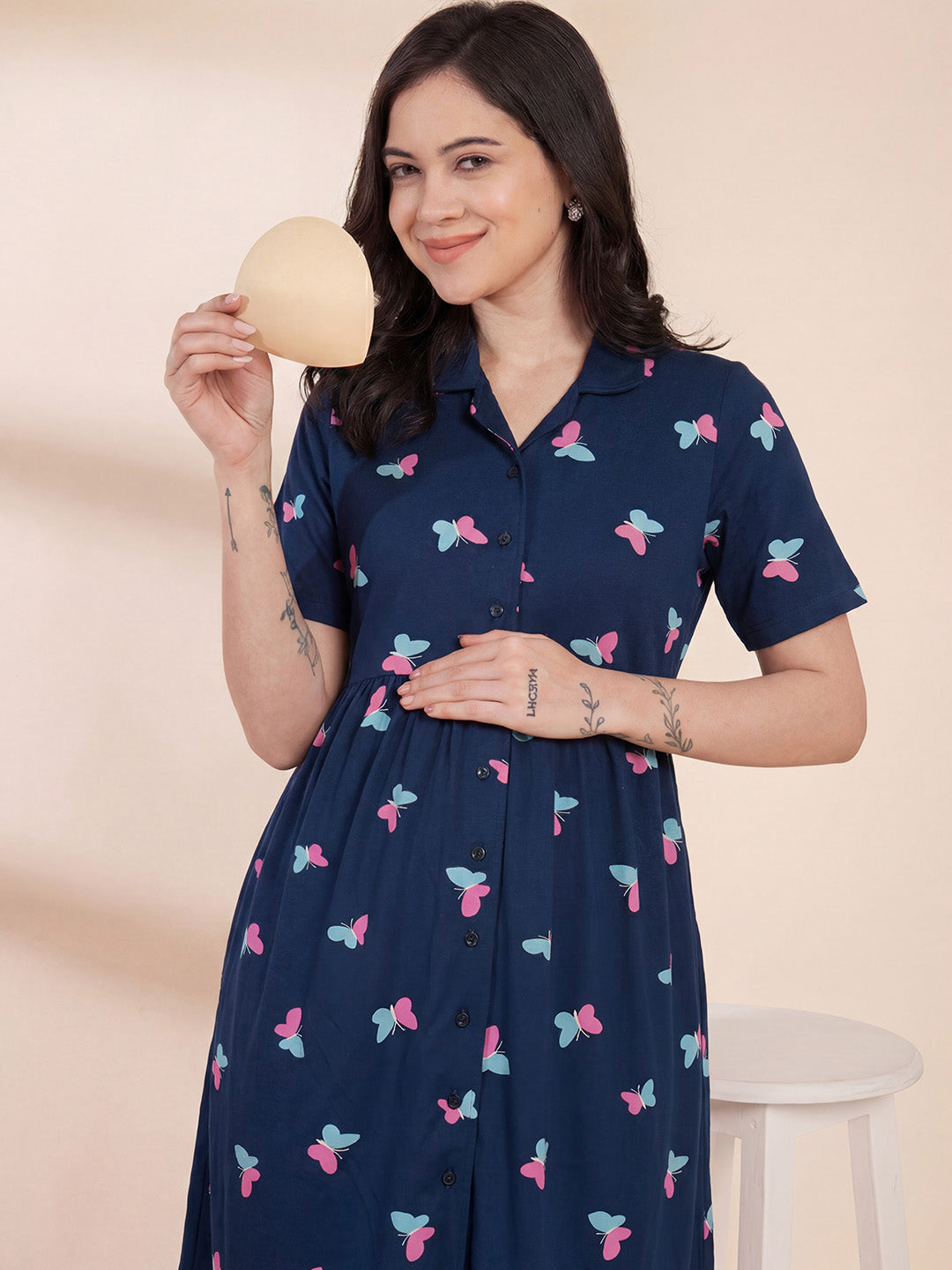 Blue Printed Hosiery Padded Maternity Nighty