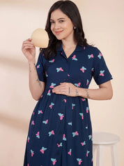 Blue Printed Hosiery Padded Maternity Nighty