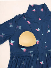 Blue Printed Hosiery Padded Maternity Nighty