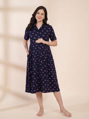 Navy Blue Floral Hosiery Padded Maternity Nighty