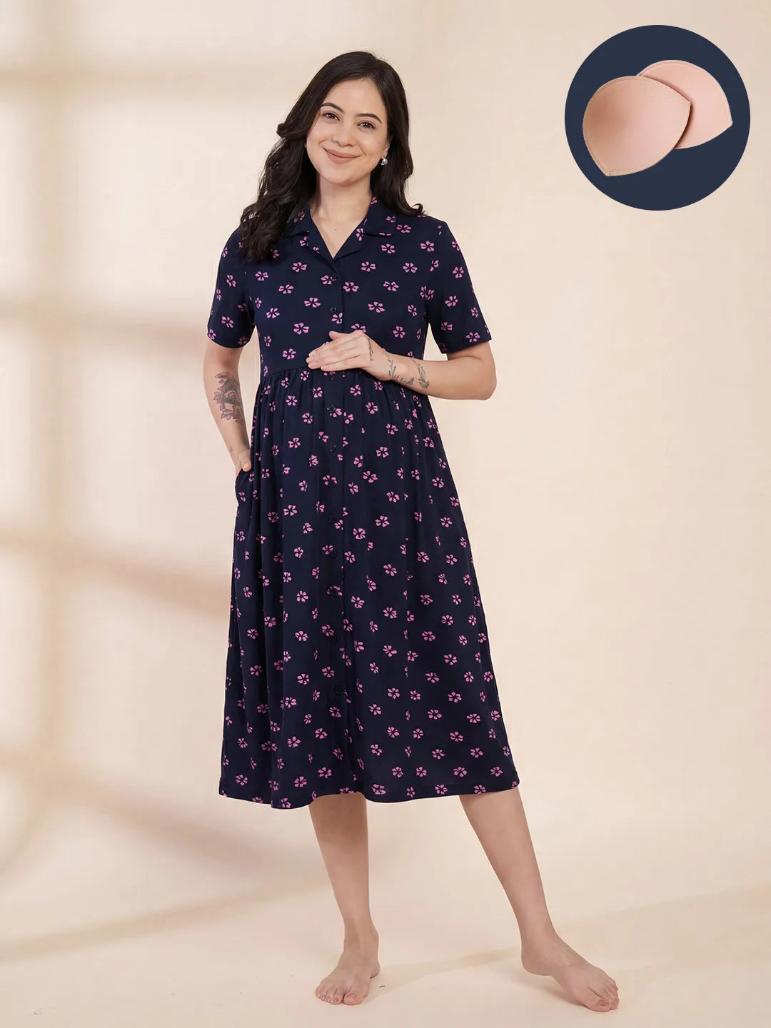 Navy Blue Floral Hosiery Padded Maternity Nighty