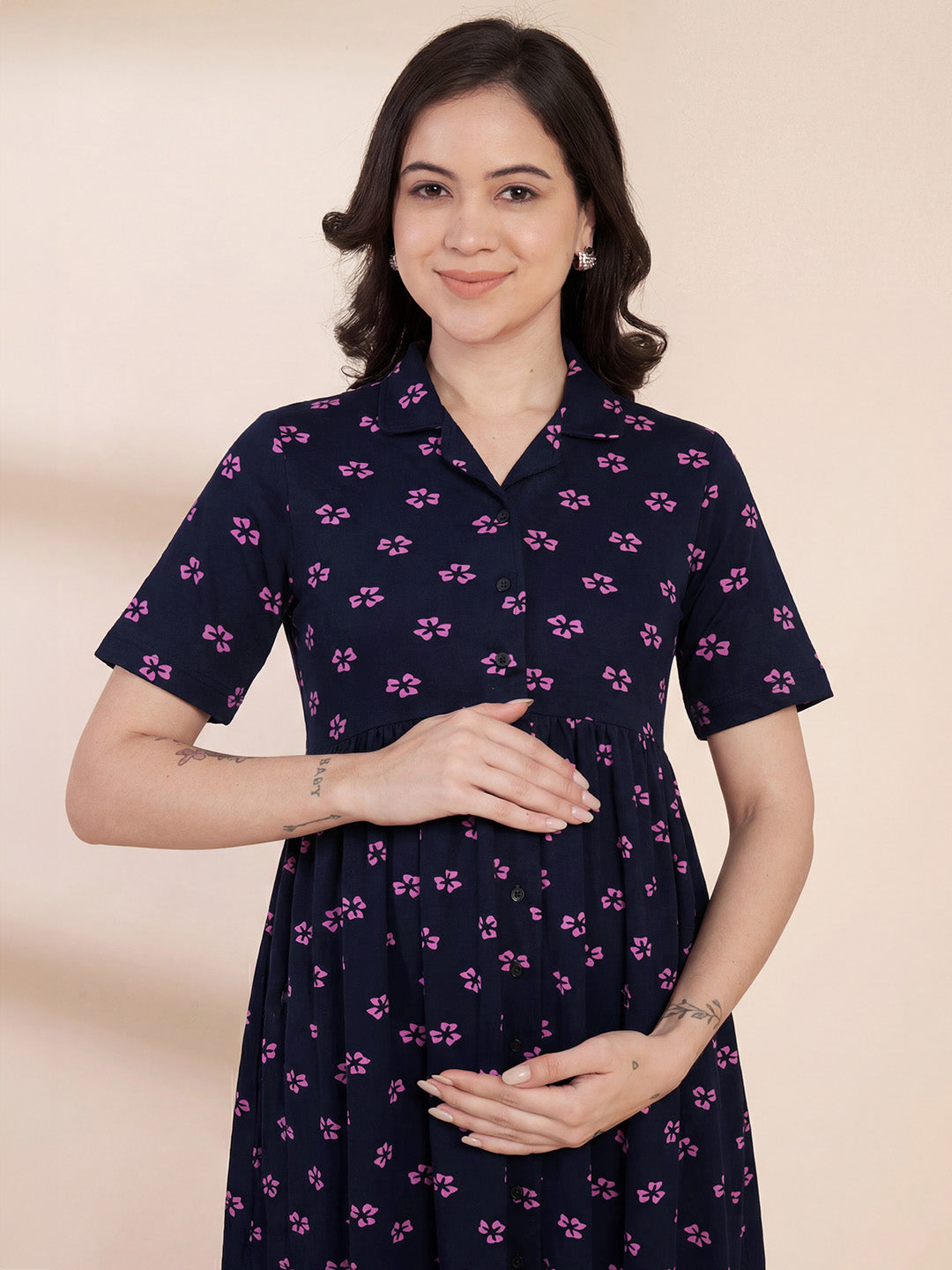 Navy Blue Floral Hosiery Padded Maternity Nighty