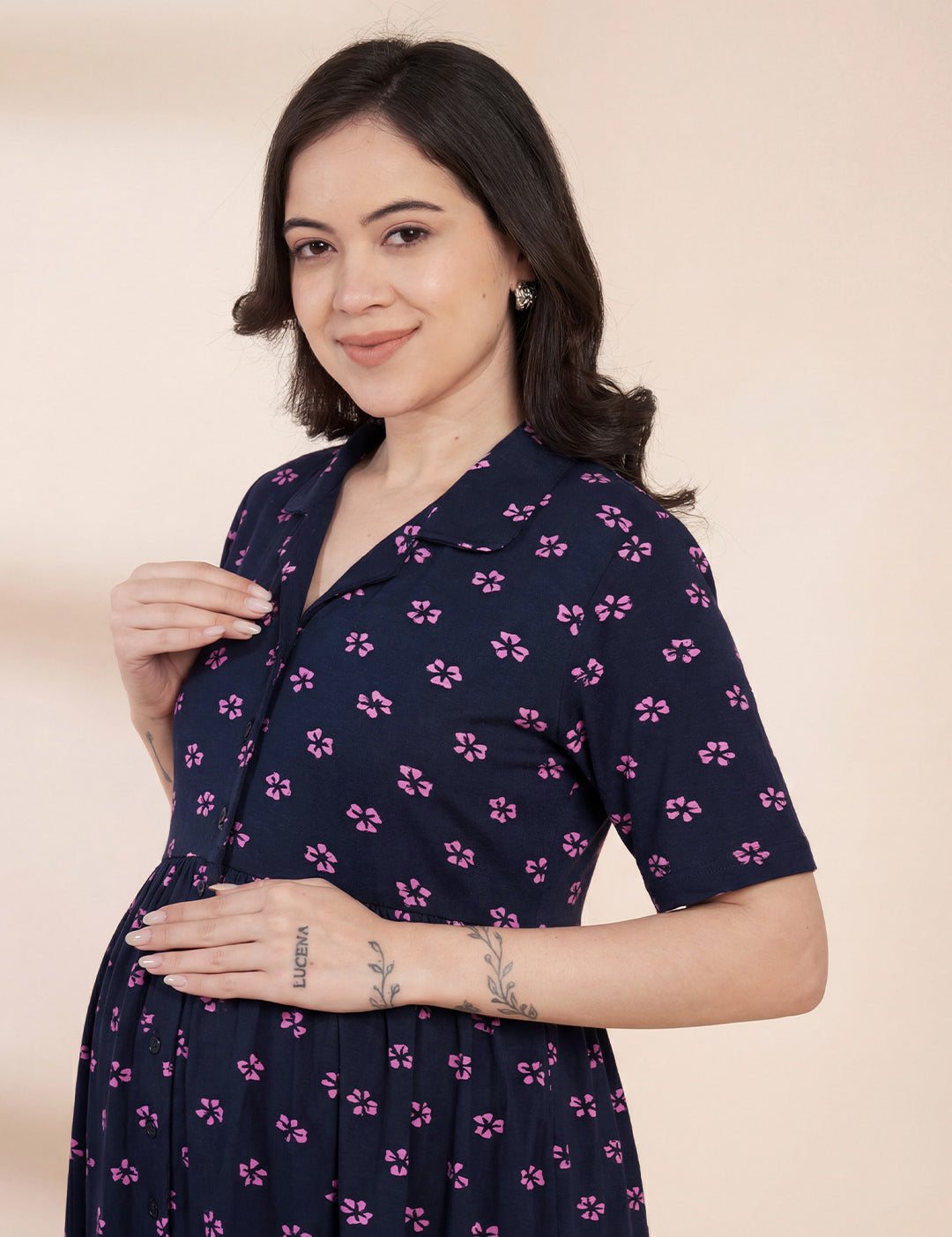 Navy Blue Floral Hosiery Padded Maternity Nighty