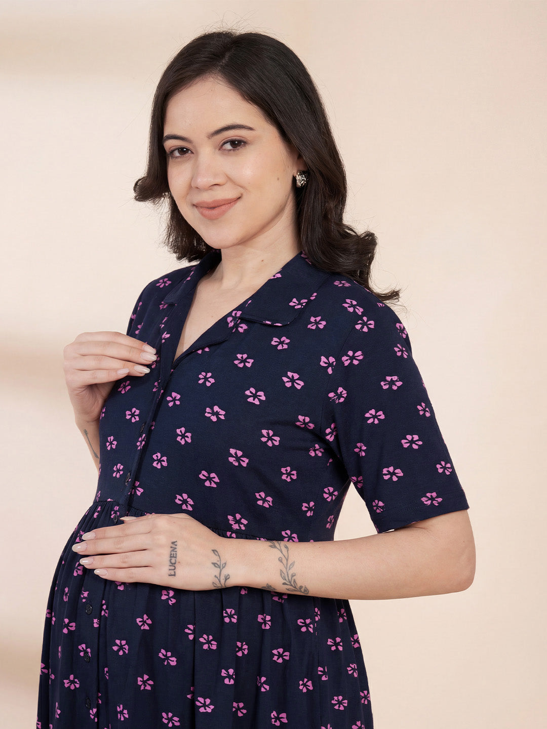 Navy Blue Floral Hosiery Padded Maternity Nighty