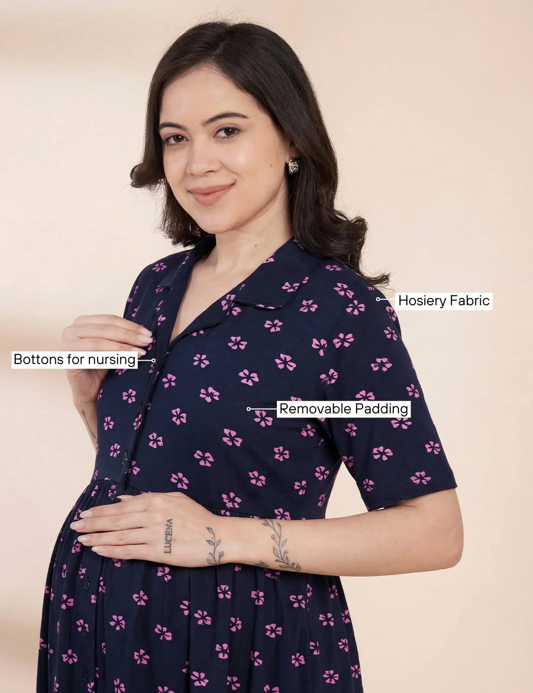 Navy Blue Floral Hosiery Padded Maternity Nighty