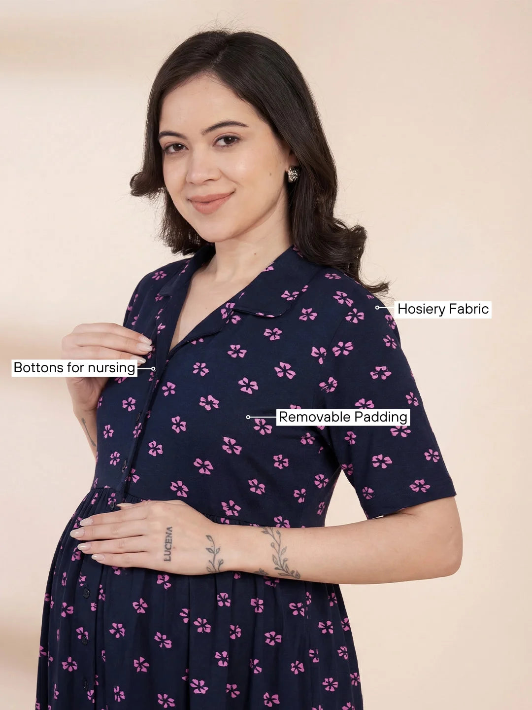 Navy Blue Floral Hosiery Padded Maternity Nighty