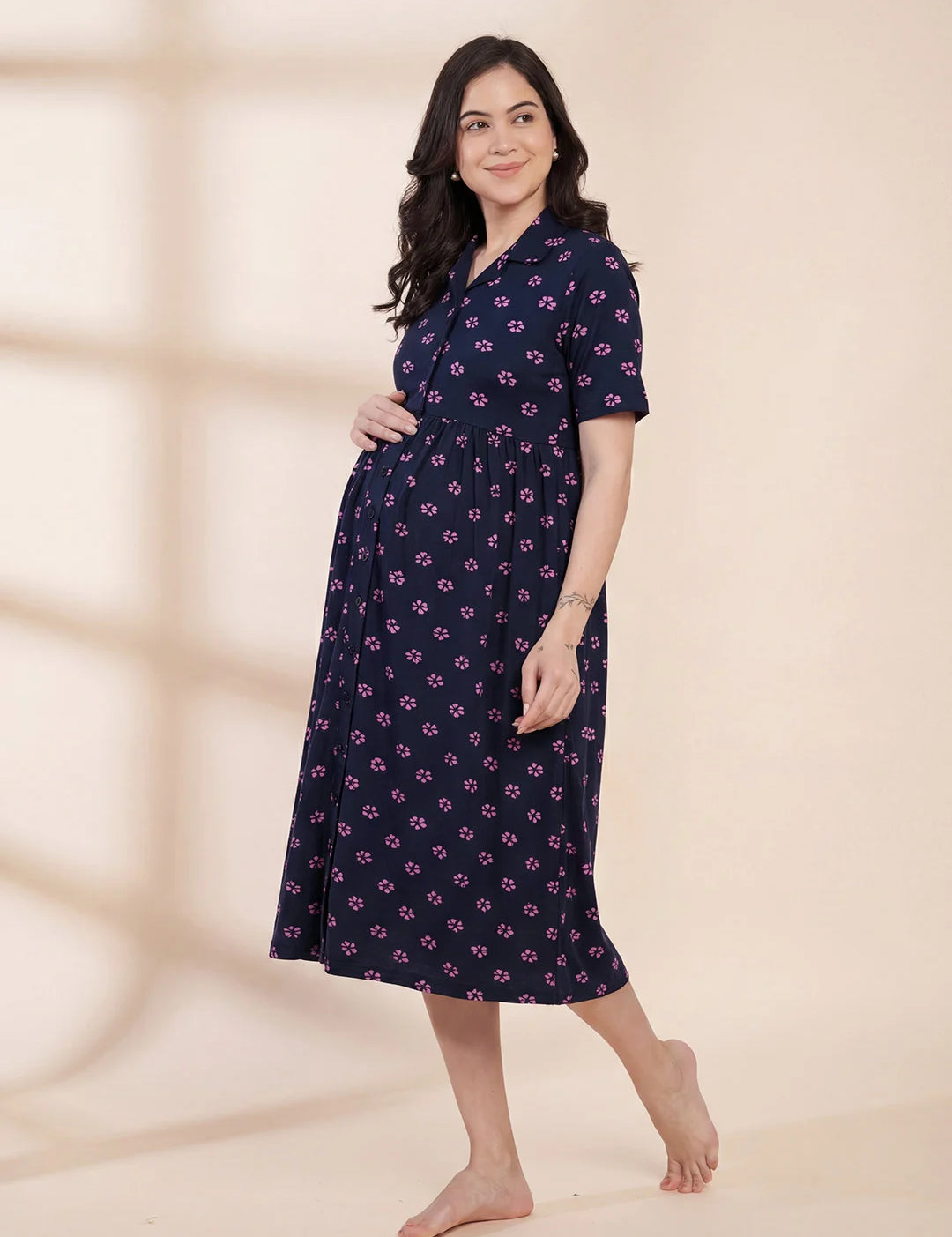 Navy Blue Floral Hosiery Padded Maternity Nighty