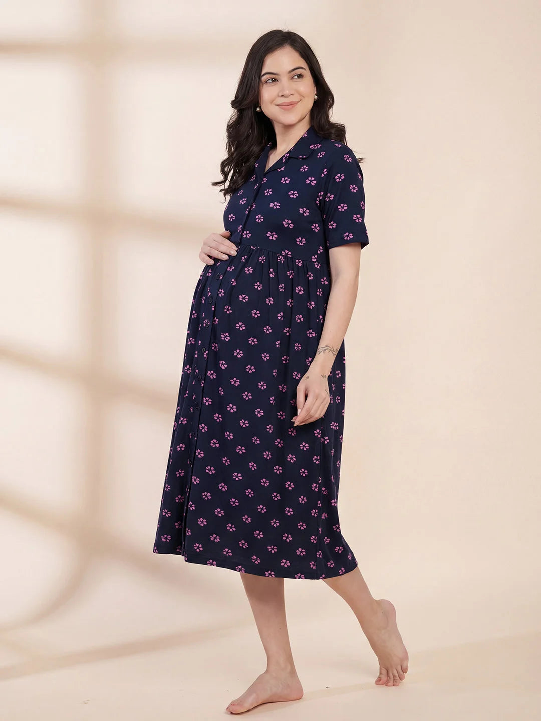 Navy Blue Floral Hosiery Padded Maternity Nighty