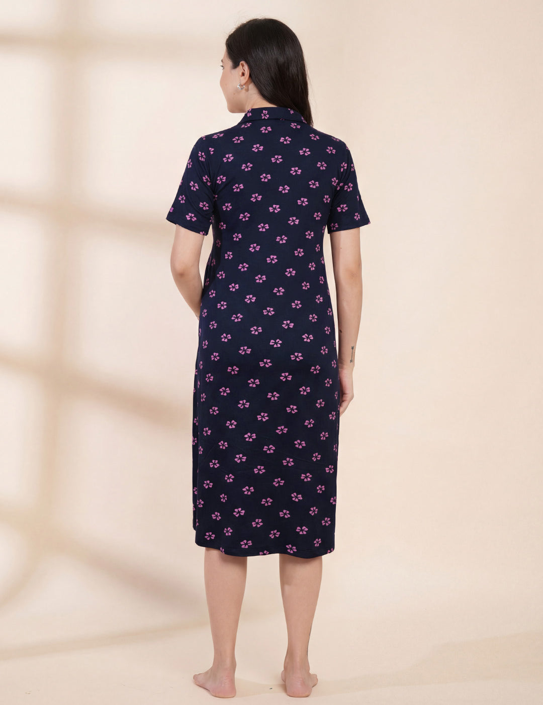 Navy Blue Floral Hosiery Padded Maternity Nighty