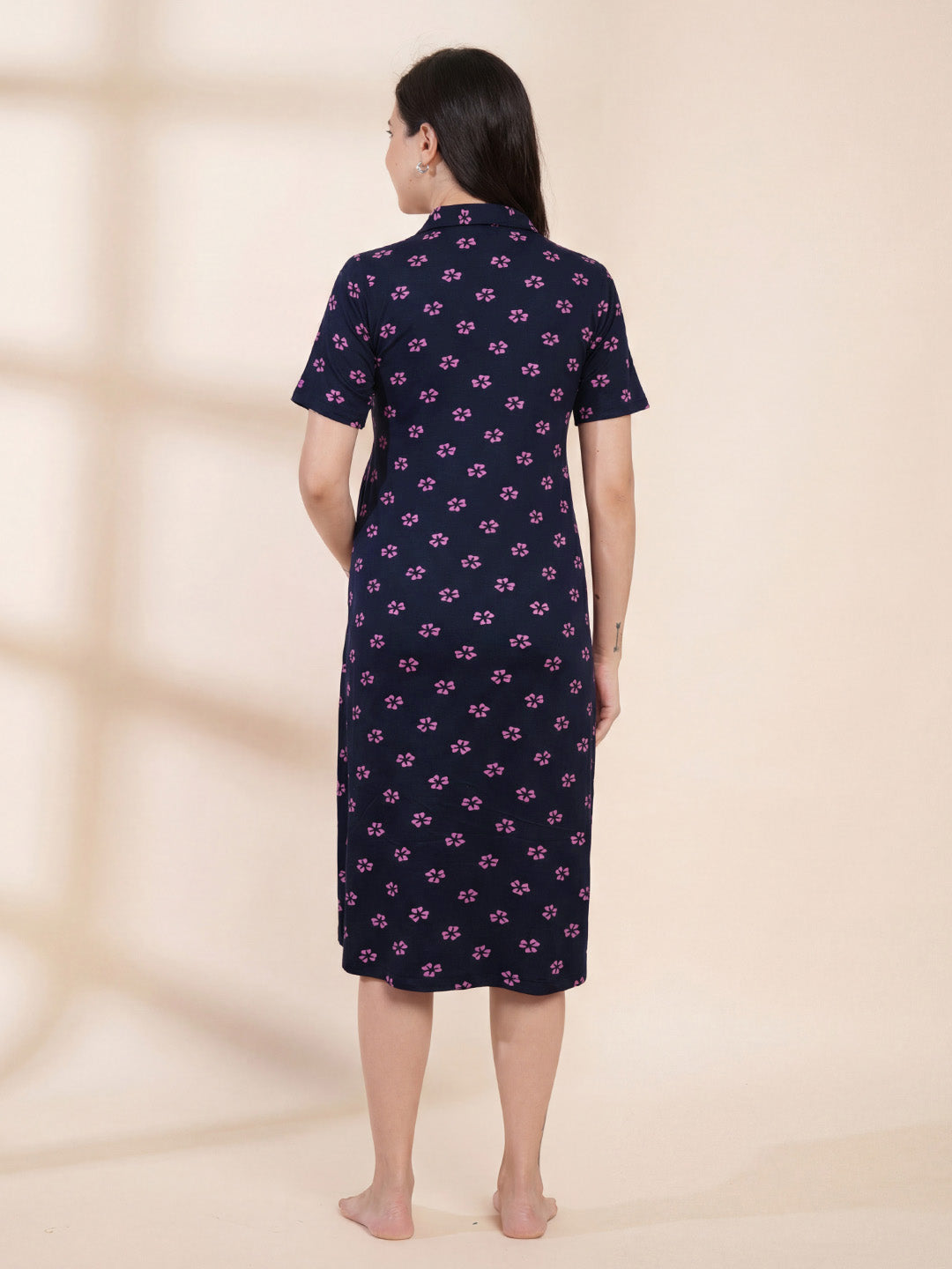 Navy Blue Floral Hosiery Padded Maternity Nighty