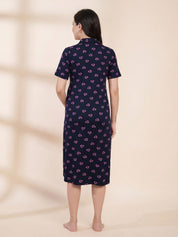 Navy Blue Floral Hosiery Padded Maternity Nighty
