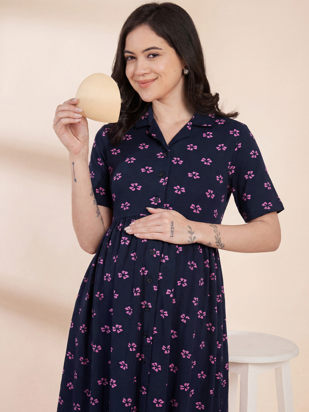 Navy Blue Floral Hosiery Padded Maternity Nighty