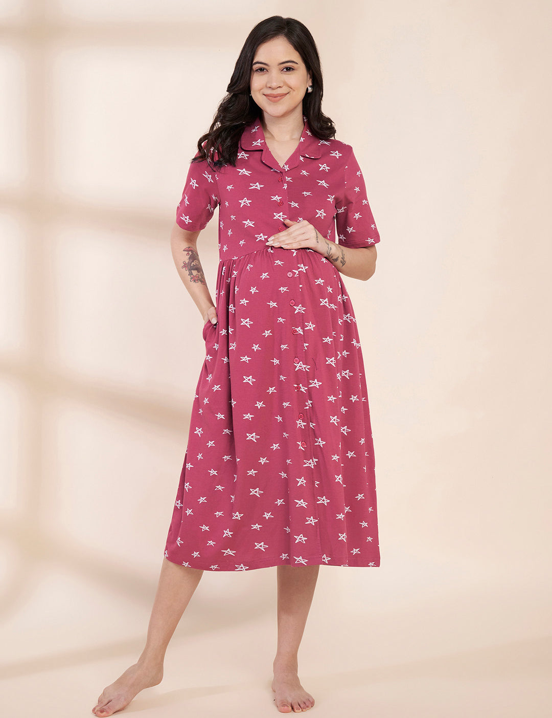 Pink Star Print Hosiery Padded Maternity Nighty