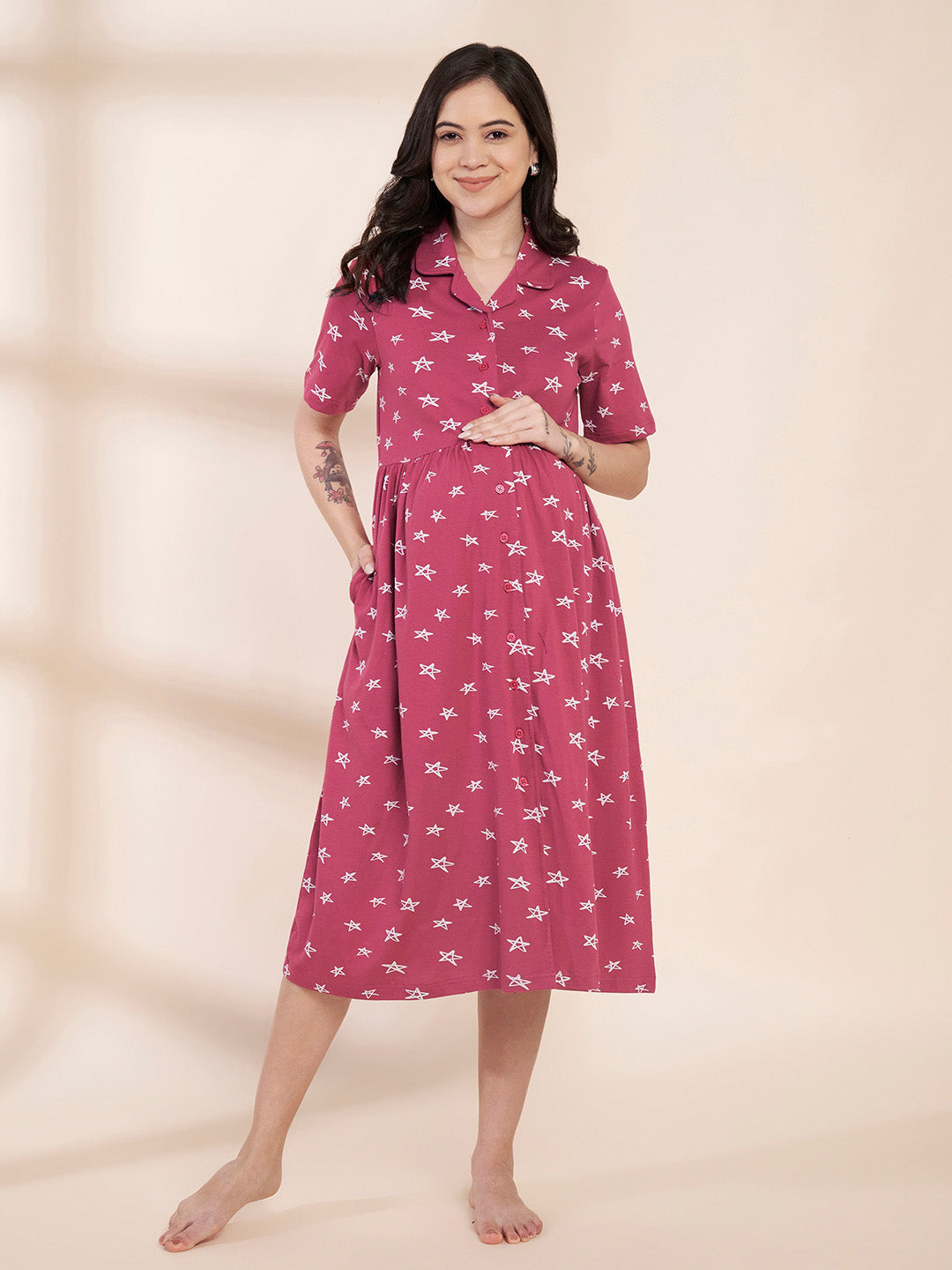 Pink Star Print Hosiery Padded Maternity Nighty
