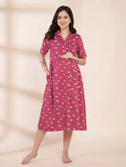 Pink Star Print Hosiery Padded Maternity Nighty