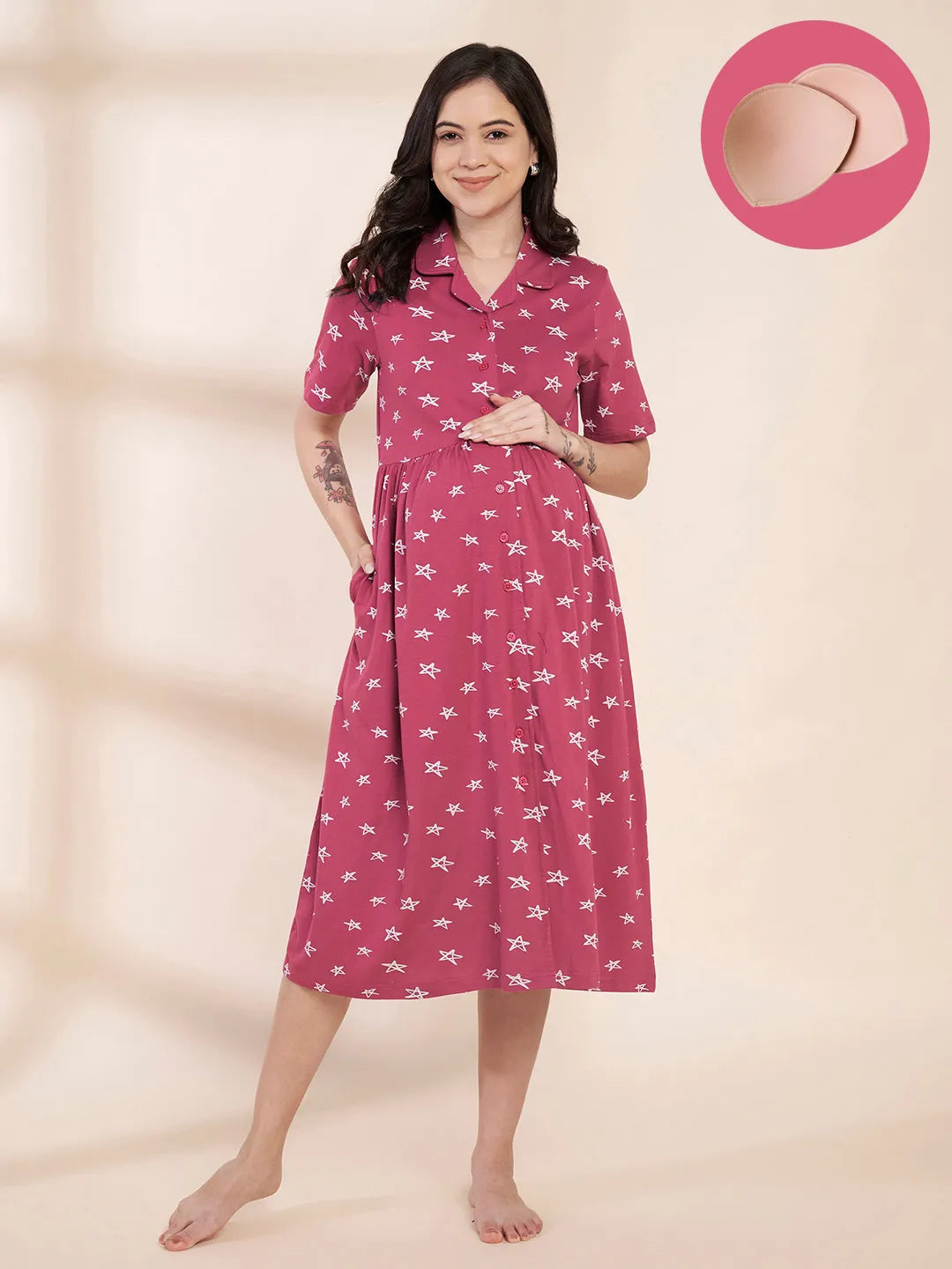 Pink Star Print Hosiery Padded Maternity Nighty